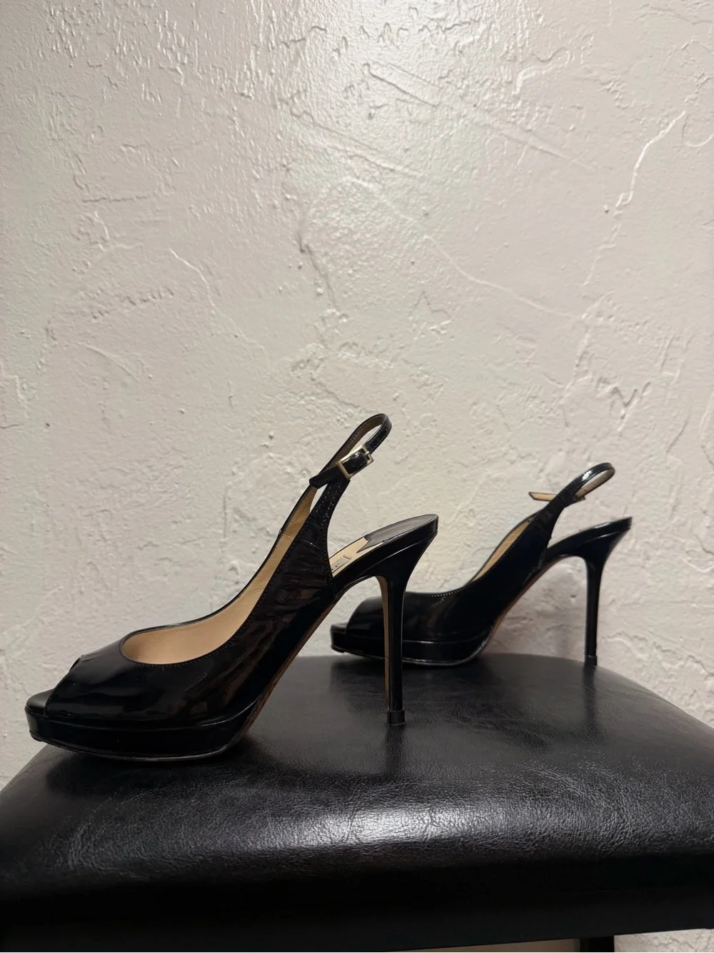 Jimmy Choo Black Patent Leather Peep-Toe Slingback Heels